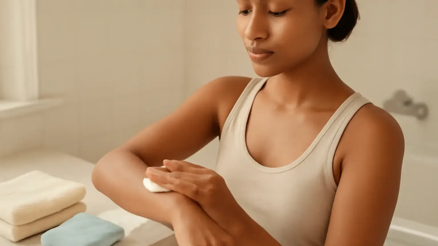 Woman applying fragrance-free moisturiser to freshly waxed skin