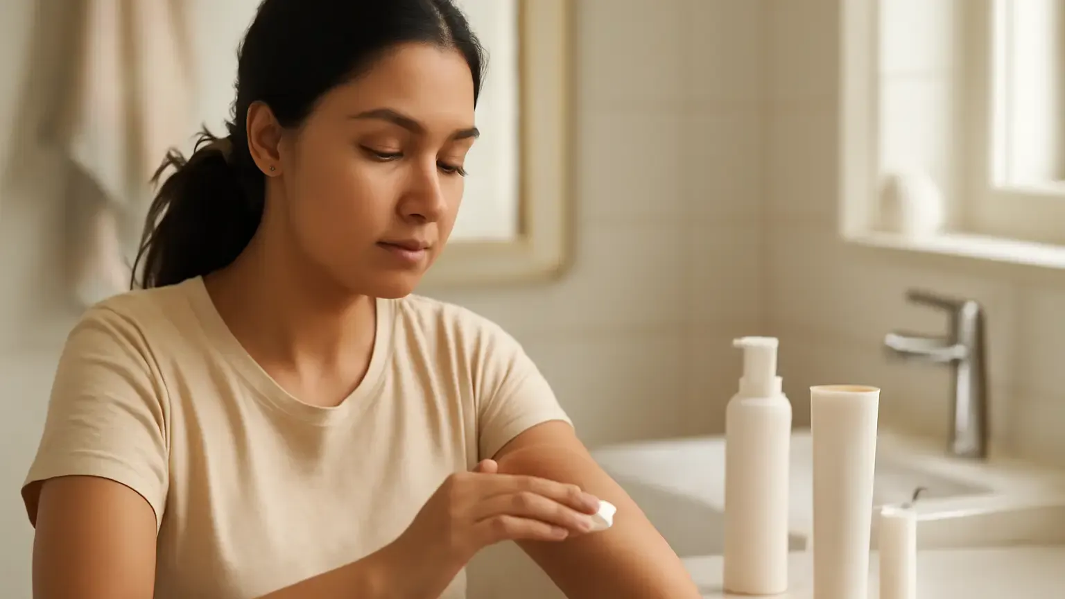 Woman patch testing an unbranded skincare product on her forearm beside a simple routine.