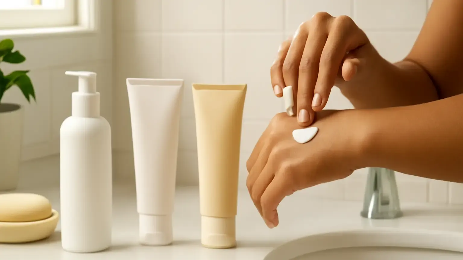 Unbranded skincare products arranged for a one-at-a-time introduction routine with a patch-test swatch