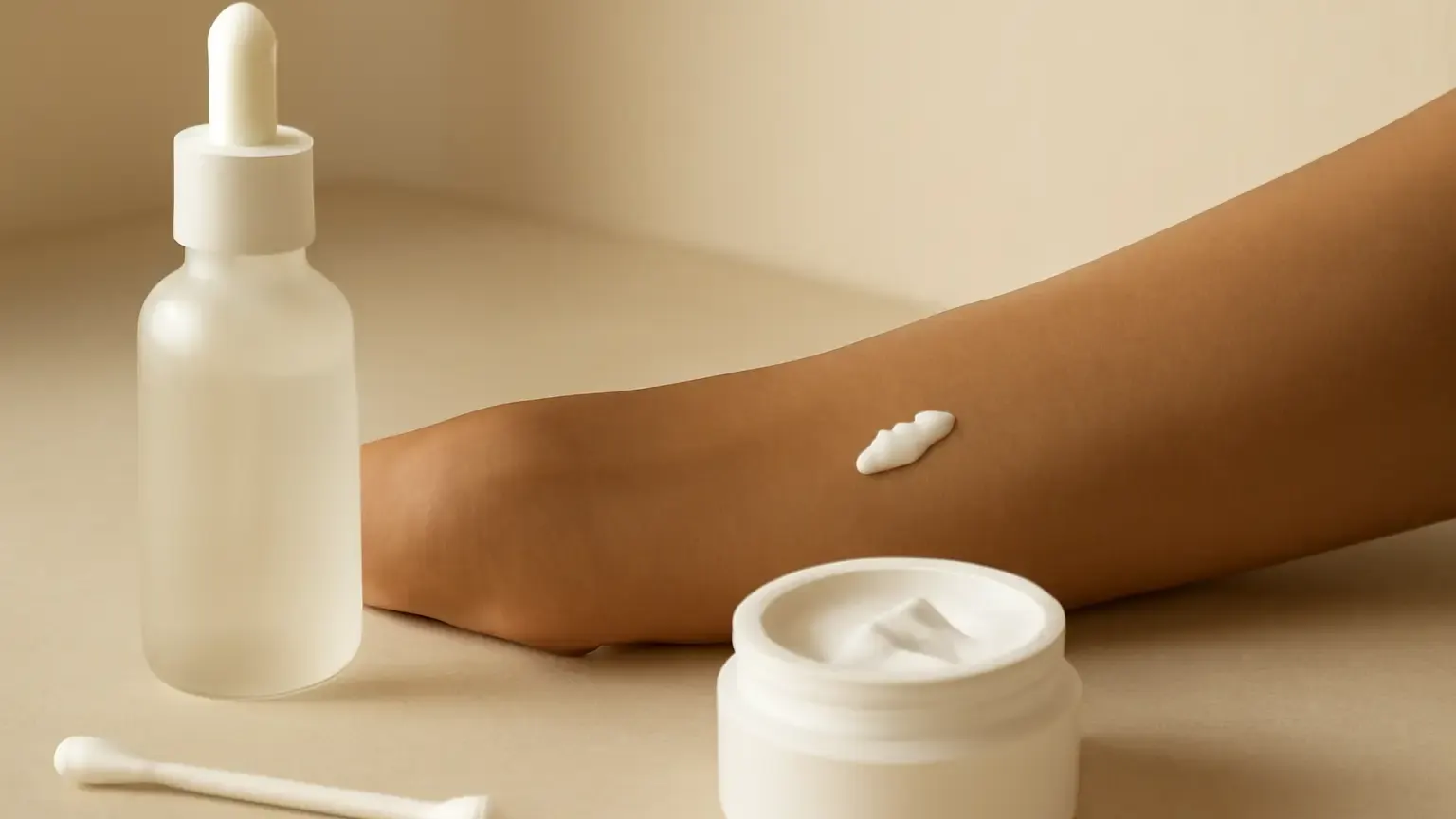 Small skincare patch test being applied to an inner forearm beside unbranded beauty products