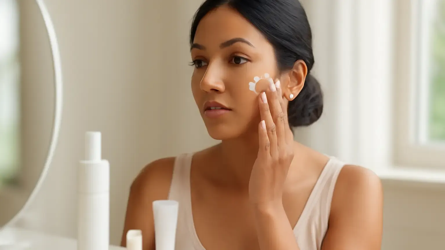Indian woman applying sunscreen over makeup beside lotion, stick, cushion and mist formats.
