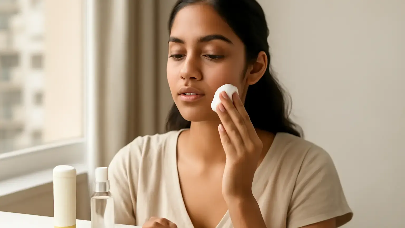 Indian woman pressing sunscreen over makeup with a cushion puff beside reapplication tools