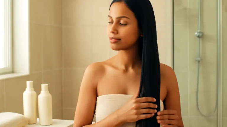 Woman with straight hair preparing a gentle wash-day routine in a bright bathroom